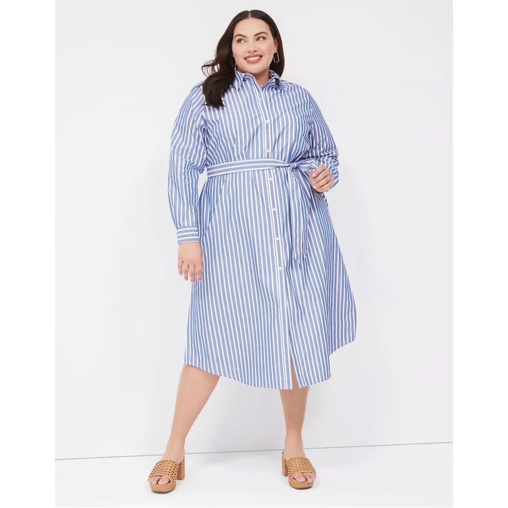 Lane Bryant Blue & White Pinstripe Long Sleeve Button Down Belted Midi Dress 18